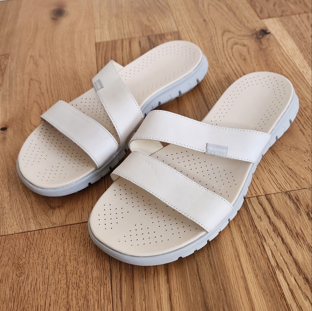 Womens Cole Haan Ivory/White Leather Zerogrand Sandals Slides Size 9